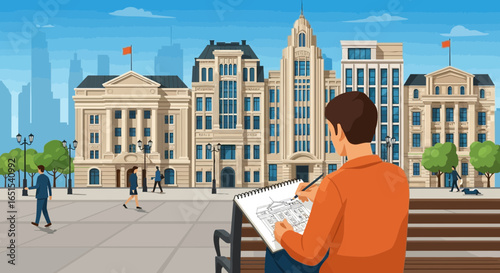 Artist Sketching Classical Architecture Cityscape at a Public Square