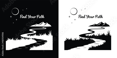Black and white graphic of a winding path leading towards mountains under a moonlit sky, with the text find your path, symbolizing personal journey and selfdiscovery