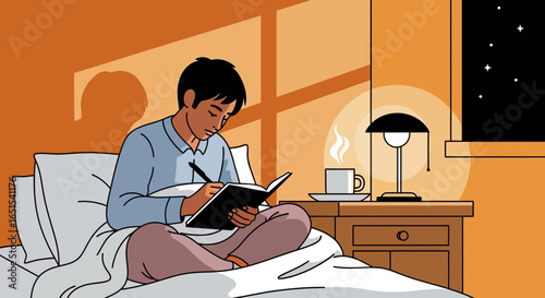 Cozy Evening Routine Young Man Journaling Before Bed in Bedroom