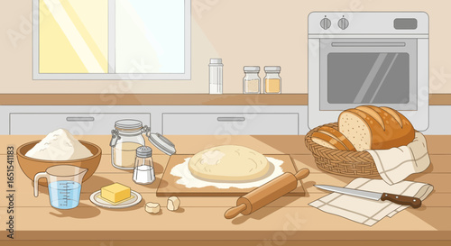 Cozy Kitchen Scene Featuring Bread Dough And Freshly Baked Loaf