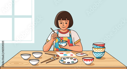 Creative Young Woman Enjoying Pottery Painting at Home Atelier