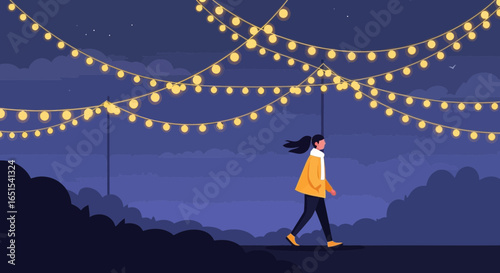 Evening Stroll Under Festive Lights In Minimalist Illustration Style