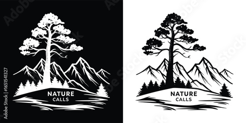 Vintage illustration of a majestic pine tree with mountains and a river, conveying the call of nature