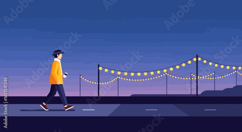Evening Stroll Along The Festive Street Under String Lights Decoration