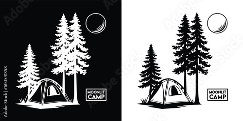 Camp, silhouette of a tent in a pine forest under a moonlit sky, evoking nighttime outdoor experiences and wilderness