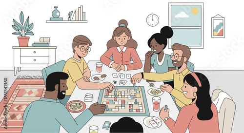Friends Playing Board Game At Home In Cozy Living Room Illustration