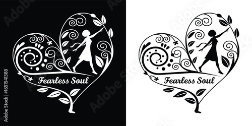 A stylized heart with a silhouette of a person reaching upwards, surrounded by swirling vines and leaves, symbolizing a fearless soul and personal growth