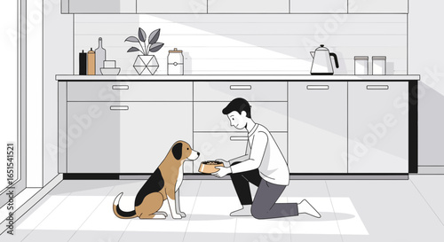 Man Feeding His Dog In A Modern Kitchen Sketch Illustration