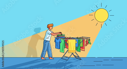 Man Hanging Laundry On Clothesline Under The Sun Drying Clothes