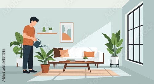Man Is Watering Houseplant In Bright Relaxing Living Room