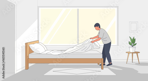 Man Making Bed Routine In Bright Bedroom Interior Illustration
