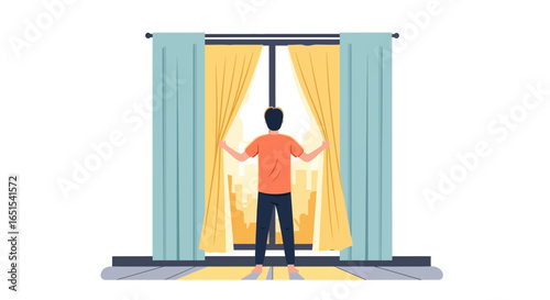 Man Opening Curtains To View Cityscape, Early Morning Awakening
