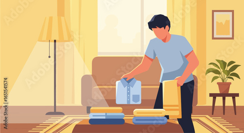 Man Organizing Folded Clothing In An Interior Space Illustration