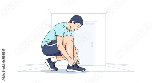 Man Prepares for a Run Tying Shoelaces in Minimalist Style Illustration