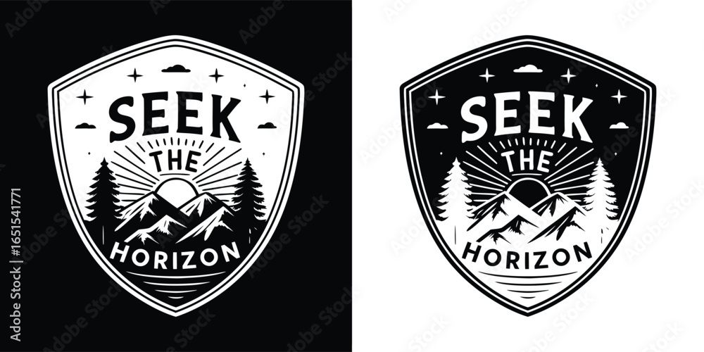 Obraz premium Vintage style emblem with a hiker silhouette, mountains, trees, and the sun, symbolizing adventure and exploration, with text seek the horizon