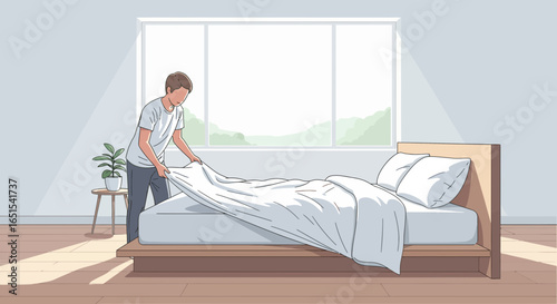 Morning Routine Man Making Bed In Bright Minimalist Bedroom Scene