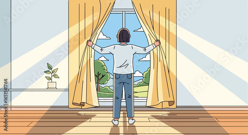 Opening Curtains To A Bright Morning Revealing Serene Landscape