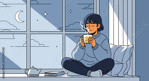 Peaceful Evening With Warm Beverage and Cozy Window View Illustration