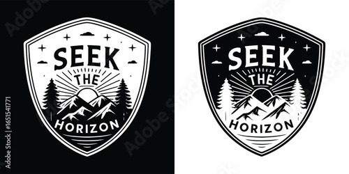 Vintage style emblem with a hiker silhouette, mountains, trees, and the sun, symbolizing adventure and exploration, with text seek the horizon