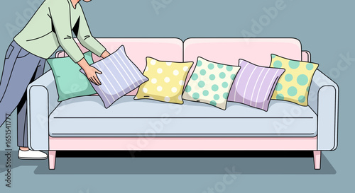 Person Arranging Pillows On A Stylish Sofa For Home Decorating