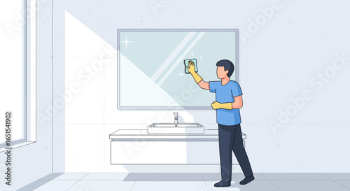 Professional Cleaner Polishing Mirror In Modern Bathroom Interior Design