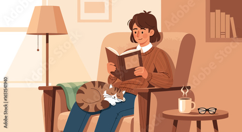 Relaxing At Home With Cat And A Good Book Illustration