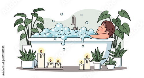 Relaxing Bath Time Surrounded By Plants And Glowing Candles
