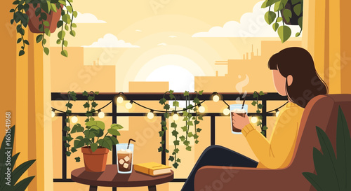 Relaxing Evening On The Balcony With City View And Coffee