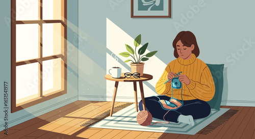 Relaxing Woman Knitting in Sunlight Cozy Room Illustration