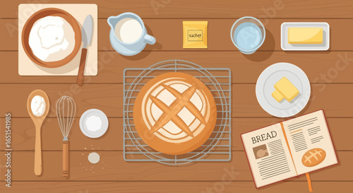 Rustic Bread Preparation Baking Ingredients And Recipe Book Illustration