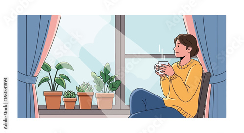 Relaxing Morning Person Sitting By The Window With A Cup Of Coffee