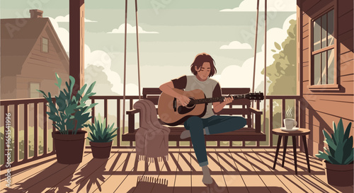 Serene Afternoon With Music On The Porch Swing Illustration