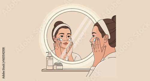 Woman Applying Facial Cream Routine In Front Of Mirror Illustration