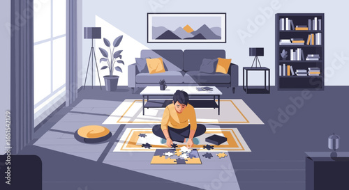 Woman Assembling Puzzle At Home In A Relaxing Environment