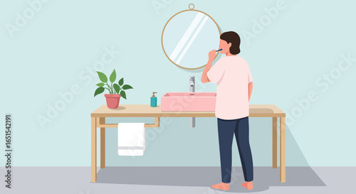 Woman Brushing Teeth In Modern Bathroom Minimalistic Clean Vector