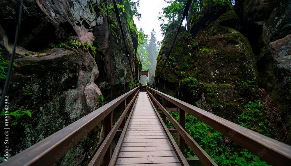 Obraz premium Misty mountain suspension bridge