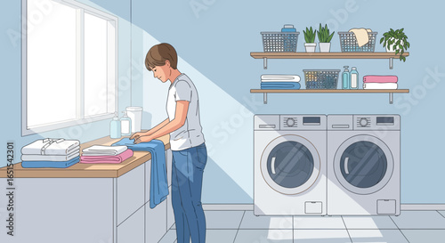 Woman Folding Laundry In Bright And Organized Room At Home