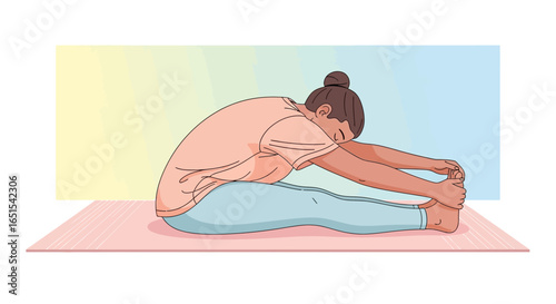 Woman In Seated Forward Bend Position In Yoga Studio