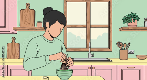 Woman In Kitchen Preparing Ceremonial Matcha Tea With Bamboo Whisk