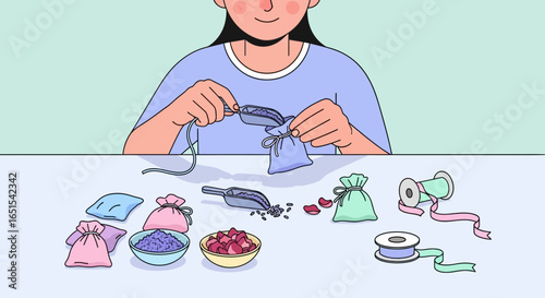 Woman Making Herbal Sachets for Aromatherapy And Relaxation Practice