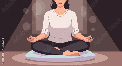 Woman Meditating In Lotus Position At Home, Practicing Yoga