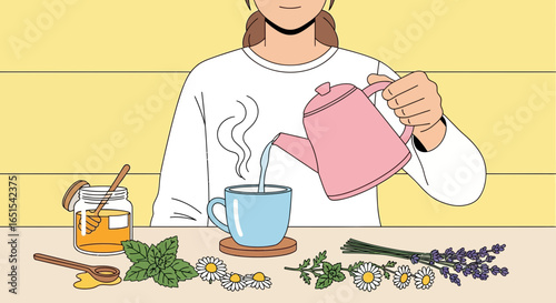 Woman Pouring Hot Herbal Tea In Cup For Relaxing Healthy Lifestyle