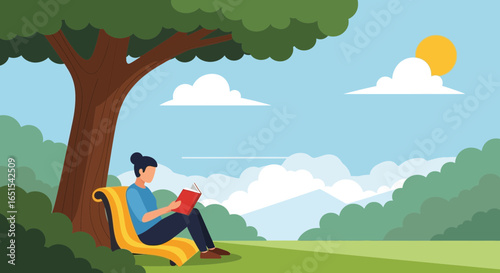 Woman Reading Book In The Park Under A Shady Tree On Sunny Day