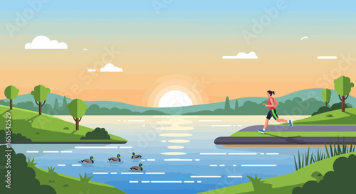 Woman Running At Sunset, Flat Vector Style Illustration