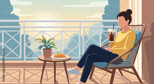 Woman Relaxing On Balcony Enjoying Morning Coffee And Croissant