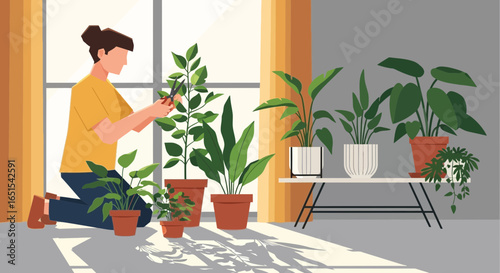 Woman Trimming Plants Indoor Growing Gardening Hobby At Home