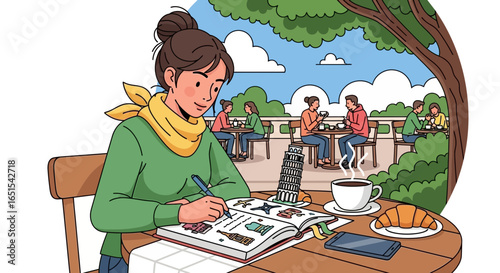 Young Woman Planning Travel Destinations At Outdoor Cafe Drawing Style