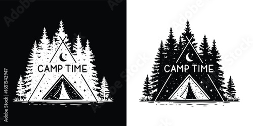 Camp time graphic illustration with tent and pine forest under starry night sky, black and white design