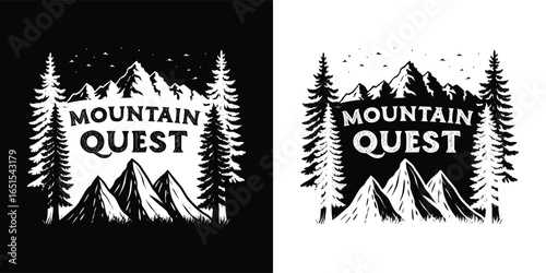 Mountain quest text with mountain range and forest, black and white illustration representing adventure and exploration