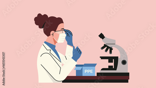 Female scientist wearing protective mask, gloves, and safety glasses before using microscope in laboratory. Flat vector illustration